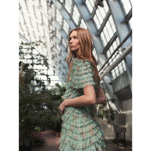 New Mac Duggal Size 6 Green Floral Ruffle Tiered Short Sleeve A Line Midi Dress - Picture 3 of 13